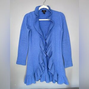 Forte Cashmere Cardigan Sweater Womens XS Blue 100% Cashmere Ruffle Open Front